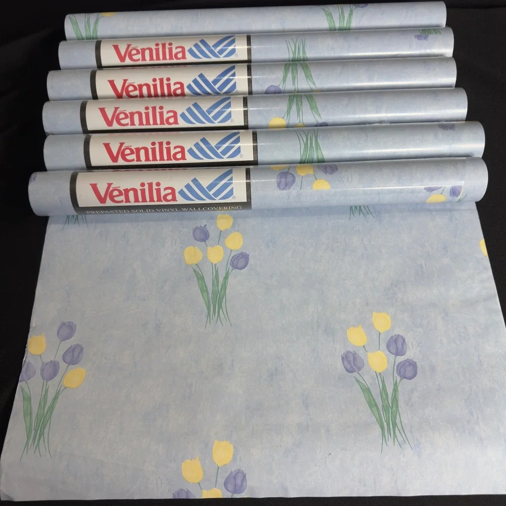 VTG NOS Venilia Blue Tulip Cottagecore Vinyl Wallpaper Prepasted 6 Rolls